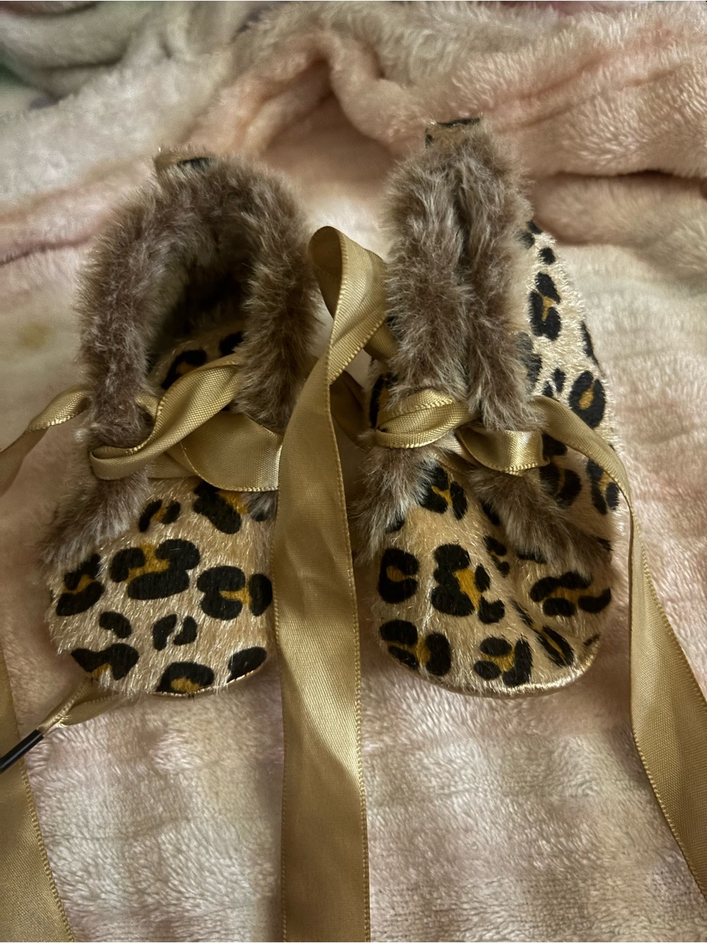 Leopard Print Faux Fur Baby Booties with Satin Ribbon - Gold/Black